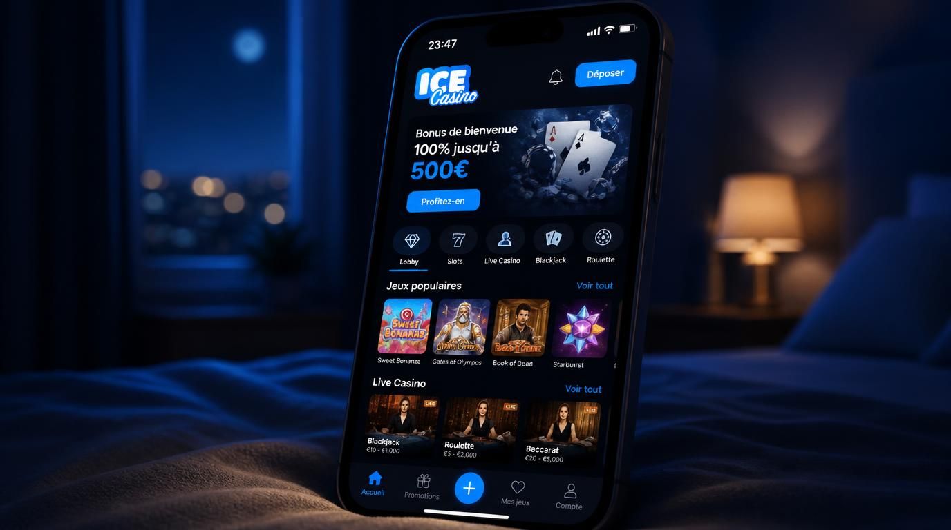 Interface nuit de lâapp Ice Casino avec dark mode et navigation fluide.