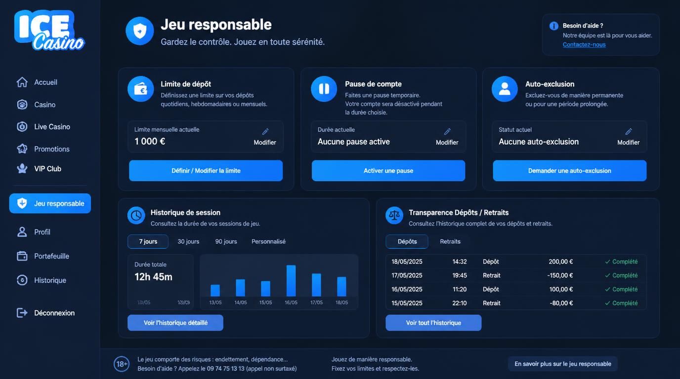 Photo montrant une interface de casino responsable avec limites et historique.