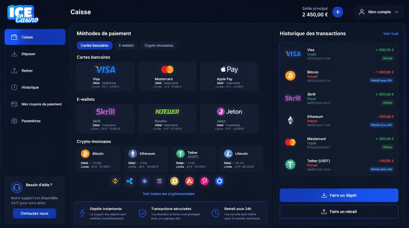 Image des options de paiement et retraits disponibles.