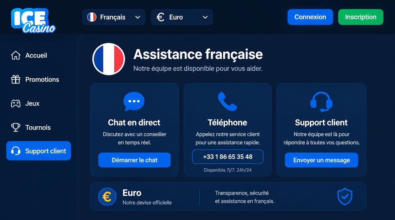 Image du support francophone et réglage de devise en euro.